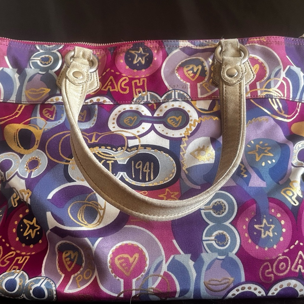 Coach Purple & Pink Graphic Tote with Gold Handles